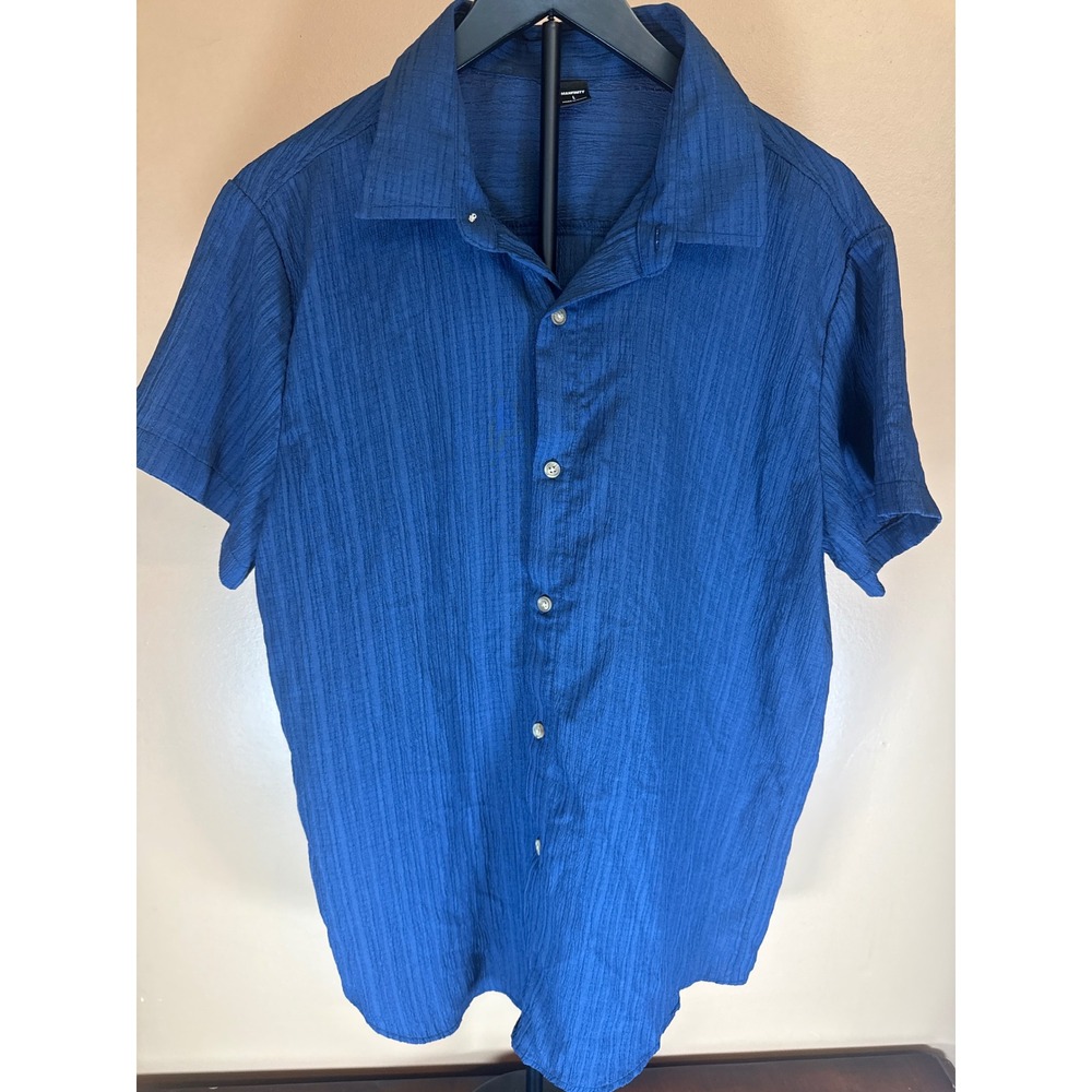 Manfinity Mens Blue Textured Short Sleeve Button Up Shirt Large Seersucker Style